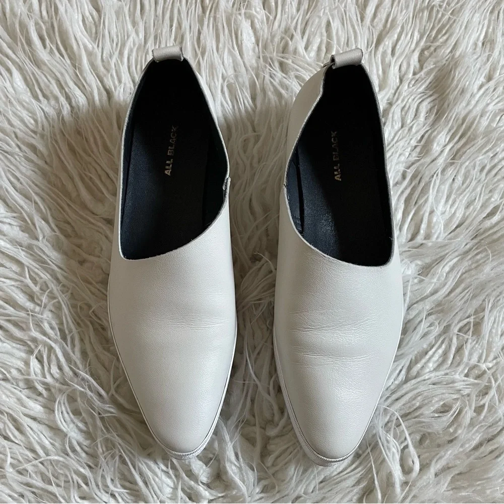 ALL BLACK White Leather Side Scoop Flatform Slip On Sneakers EUC Size 38